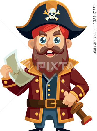 Cartoon pirate holding a treasure map and a sword Cartoon pirate holding a treasure map and a sword 138147774