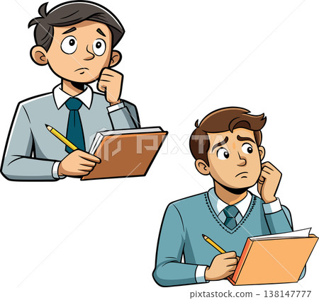 Two thoughtful office workers pondering with pencils and notepads 138147777