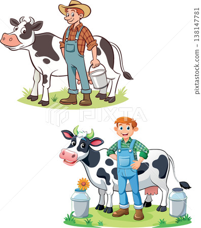 Farmers taking care of their cows in a farm, collecting milk and posing for a picture Farmers taking care of their cows in a farm, collecting milk and posing for a picture 138147781