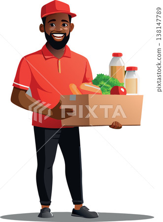 Smiling delivery man is holding a cardboard box full of groceries Smiling delivery man is holding a cardboard box full of groceries 138147789