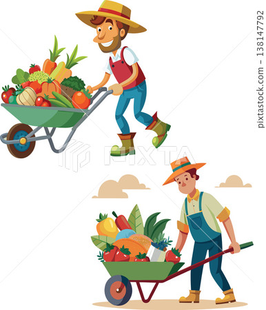 Farmers pushing wheelbarrows full of fresh vegetables and fruits Farmers pushing wheelbarrows full of fresh vegetables and fruits 138147792