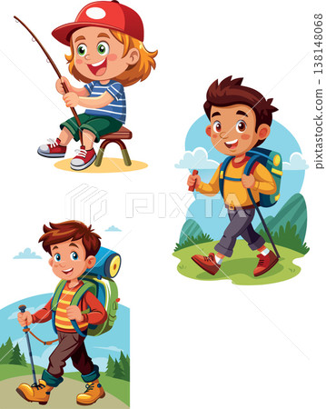 Children enjoying outdoor activities, fishing and hiking in nature Children enjoying outdoor activities, fishing and hiking in nature 138148068