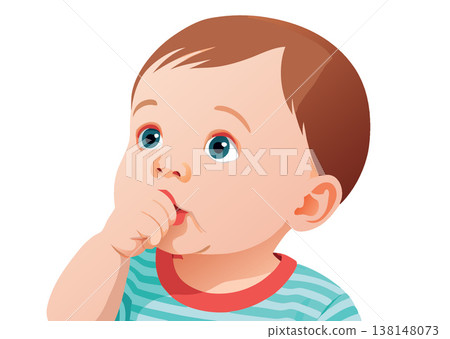 Cute baby boy sucking his thumb and looking up with big blue eyes 138148073