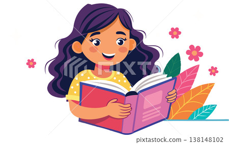 Cute brunette girl reading a book and smiling Cute brunette girl reading a book and smiling 138148102