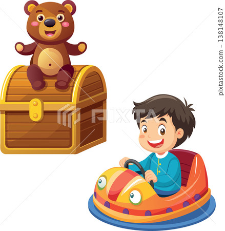 Happy child driving bumper car and teddy bear sitting on treasure chest Happy child driving bumper car and teddy bear sitting on treasure chest 138148107