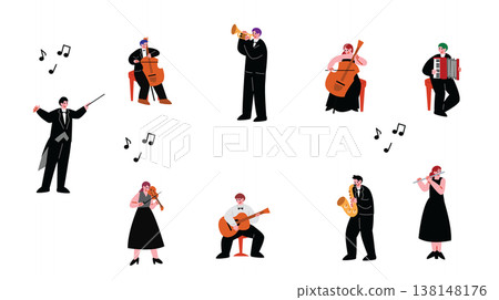 一組描繪人們演奏樂器的插圖。 138148176