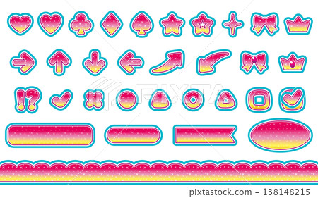 可愛的粉紅色圖示和裝飾邊框套裝，帶有閃亮的心形和星星裝飾。 138148215