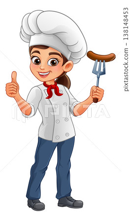 Cartoon Female Chef Holding Sausage On Fork Cartoon Female Chef Holding Sausage On Fork 138148453