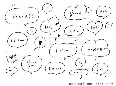A set of hand-drawn speech bubbles and text. 138148476
