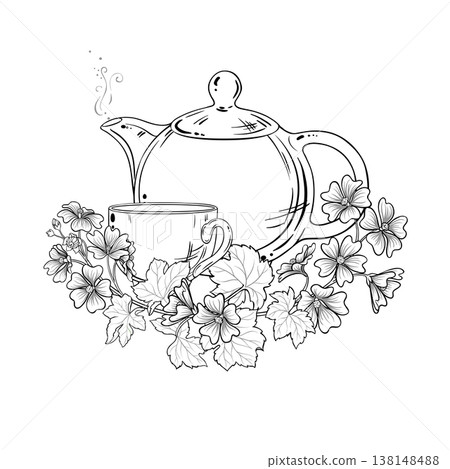 Malva Tea in Teapot Outline Illustration. 138148488
