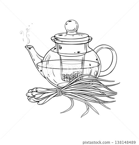 Lemongrass Tea in Teapot Outline Illustration. Lemongrass Tea in Teapot Outline Illustration. 138148489