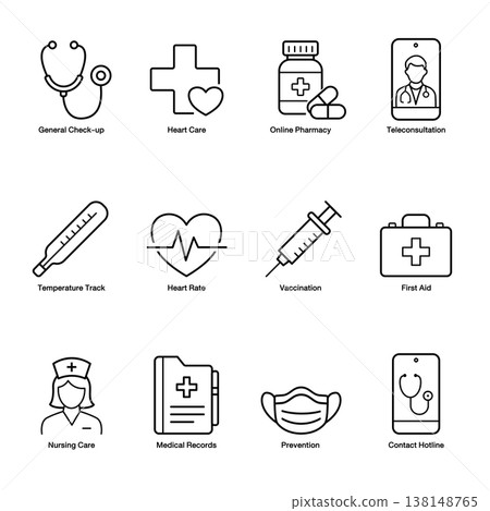12 Medical and Telehealth Line Icons. Healthcare, digital doctor, and online pharmacy symbols. 12 Medical and Telehealth Line Icons. Healthcare, digital doctor, and online pharmacy symbols. 138148765
