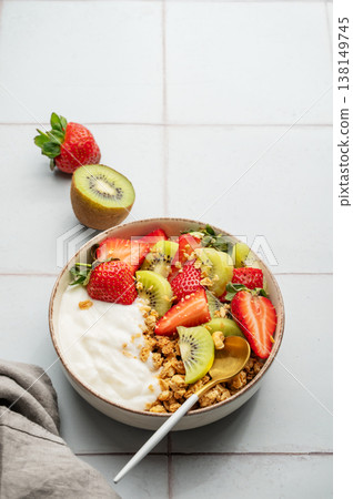 Healthy yogurt bowl with granola and fresh berries for clean eating diet 138149745