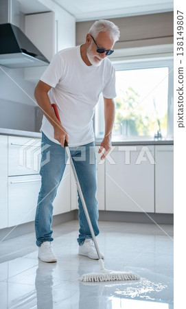 Senior blind man wearing sunglasses, independently cleaning kitchen floor with mop and water, performing household chores, showing resilience and self reliance in daily life 138149807