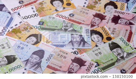 Korea, Korean cash bills, and the won currency for exchange and financial transactions. Korean won 138150100
