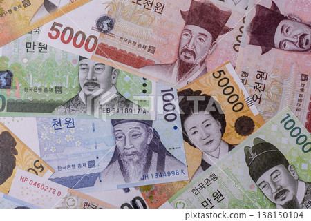 Korea, Korean cash bills, and the won currency for exchange and financial transactions. Korean won Korea, Korean cash bills, and the won currency for exchange and financial transactions. Korean won 138150104