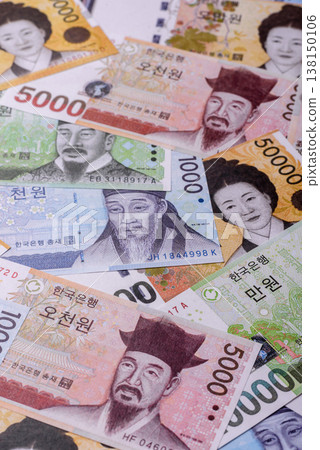 Korea, Korean cash bills, and the won currency for exchange and financial transactions. Korean won Korea, Korean cash bills, and the won currency for exchange and financial transactions. Korean won 138150106