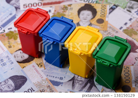 Bins for garbage, a conceptual background for selective and recycling waste disposal. Bins for trash Bins for garbage, a conceptual background for selective and recycling waste disposal. Bins for trash 138150129