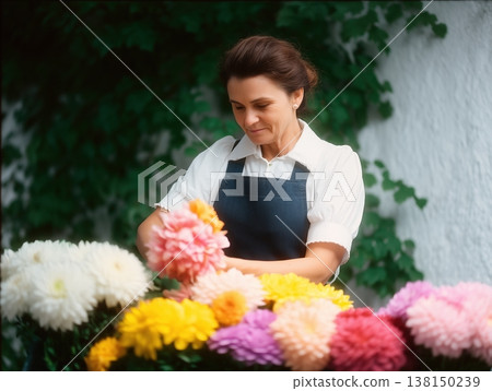 Woman florist carefully arranging colorful dahlia flowers, creating a vibrant display for her small business, representing dedication and craftsmanship in floristry work 138150239