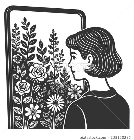 Woman Admiring Blossoming Tree in Ornate Mirror 138150285