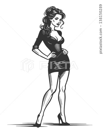 Stylish Woman in Black Dress Fashion Pose raster 138150289