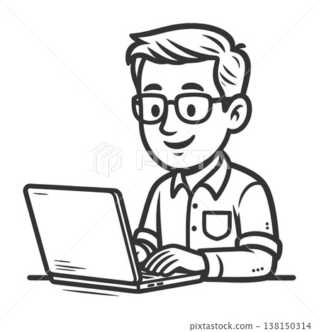 Smiling Man Working on Laptop Cartoon raster Smiling Man Working on Laptop Cartoon raster 138150314