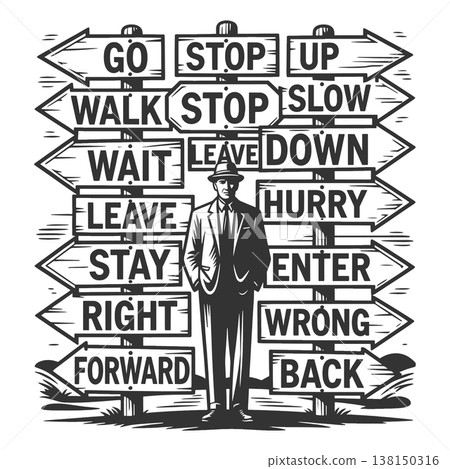 Man Facing Confusing Direction Signs Decision Man Facing Confusing Direction Signs Decision 138150316