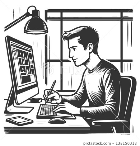 Young Man Working Computer Digital Design vector Young Man Working Computer Digital Design vector 138150318