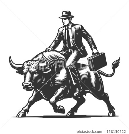 Businessman Riding Bull engraving sketch vector 138150322