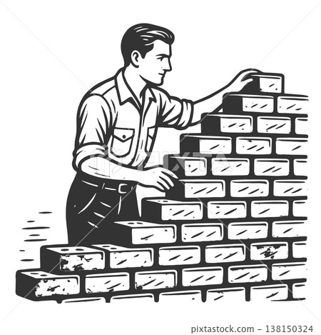 Man Building Brick Wall Construction vector Man Building Brick Wall Construction vector 138150324