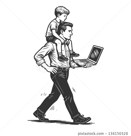 Father Working On Laptop With Child Shoulders Father Working On Laptop With Child Shoulders 138150328