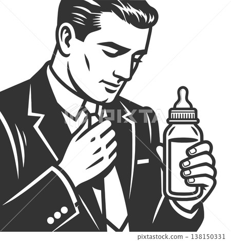 Businessman Holding Baby Bottle Work Life Conflict Businessman Holding Baby Bottle Work Life Conflict 138150331