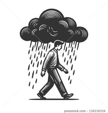 Man Walking Under Rain Cloud Feeling Depressed Man Walking Under Rain Cloud Feeling Depressed 138150334