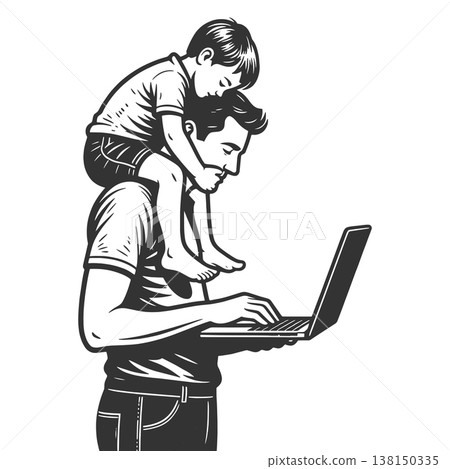Father Working On Laptop With Child Shoulders 138150335