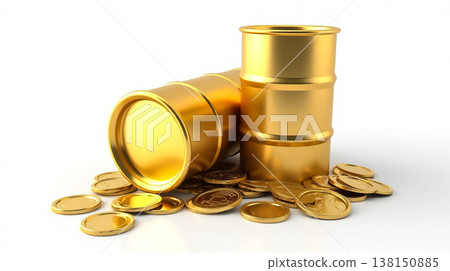 Golden barrels and coins create a vibrant display of wealth and prosperity in a bright setting 138150885