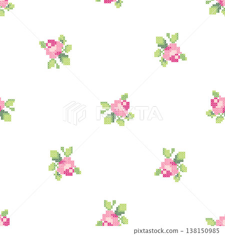 Seamless Cross Stitch Floral Pattern with Small Pink Roses, Vintage Cottagecore Embroidery Background Vector 138150985
