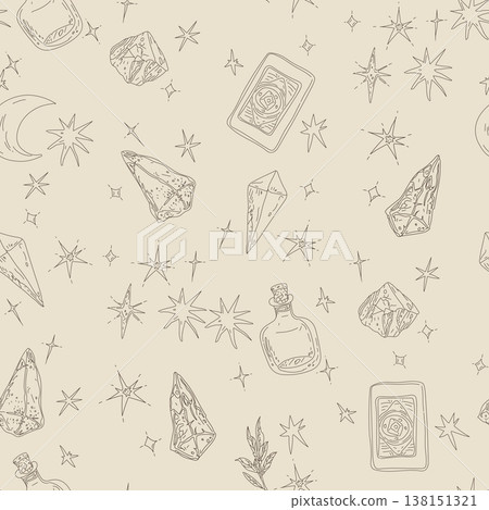 Mystical seamless pattern featuring crystals, tarot cards, magic potions, crescent moon, and sparkling stars for occult, witchcraft, astrology, and spiritual designs Mystical seamless pattern featuring crystals, tarot cards, magic potions, crescent moon, and sparkling stars for occult, witchcraft, astrology, and spiritual designs 138151321