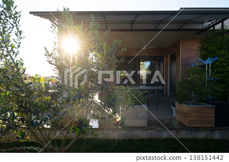 Sunlit modular house patio with smart home vacuum and potted plants at sunset Sunlit modular house patio with smart home vacuum and potted plants at sunset 138151442