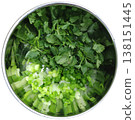 Fresh Chopped Cilantro and Spring Onion Mix Prepared in a Stainless Steel Bowl for Cooking, Garnishing, and Flavoring Various Dishes 138151445