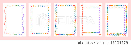 Rainbow heart frame set with retro doodle borders. Colorful hand-drawn wavy lines and heart icons with copy space. Funky whimsical templates for pride events, party invites, social media. Vector art. Rainbow heart frame set with retro doodle borders. Colorful hand-drawn wavy lines and heart icons with copy space. Funky whimsical templates for pride events, party invites, social media. Vector art. 138151579