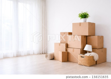 Stack of cardboard moving boxes in bright empty room relocation and new home concept Stack of cardboard moving boxes in bright empty room relocation and new home concept 138151635