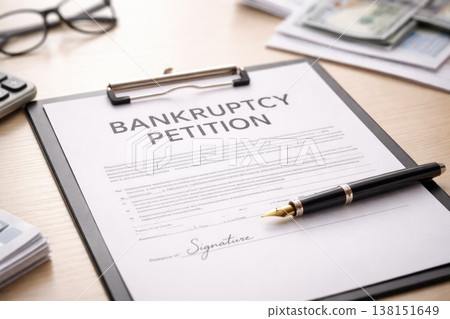 Bankruptcy petition document on office desk with pen money and calculator financial crisis concept Bankruptcy petition document on office desk with pen money and calculator financial crisis concept 138151649
