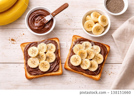 Top view of chocolate banana toast with chia seeds healthy breakfast flat lay 138151660
