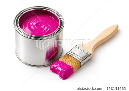Open paint can with bright pink paint and brush isolated on white background Open paint can with bright pink paint and brush isolated on white background 138151663