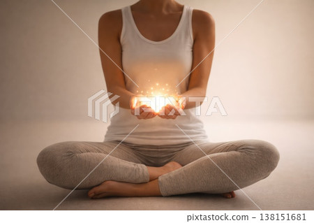 Woman meditating holding glowing light energy in hands 138151681