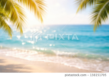Blurred tropical beach background with palm leaves and ocean waves 138151705