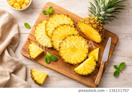 Fresh sliced pineapple on wooden board with knife and mint leaves top view healthy food concept Fresh sliced pineapple on wooden board with knife and mint leaves top view healthy food concept 138151707