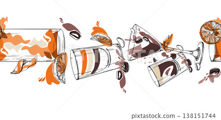 Coffee, chocolate and tea, punch juice or dark beer drinks in ink glasses. Hand drawn seamless cocktail band in clean vector lines for menu borders, recipe pages, packaging strips, decorative layouts. Coffee, chocolate and tea, punch juice or dark beer drinks in ink glasses. Hand drawn seamless cocktail band in clean vector lines for menu borders, recipe pages, packaging strips, decorative layouts. 138151744