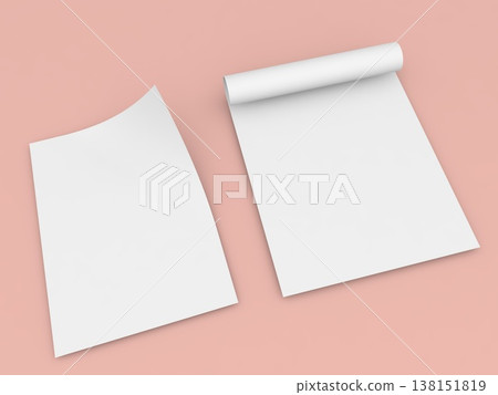 White blank papers on a pink background showing different orientations and arrangements 138151819