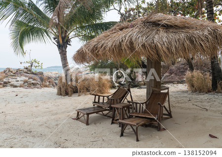 armchairs under parasol at beach of Ko Man Klang, Rayong 138152094